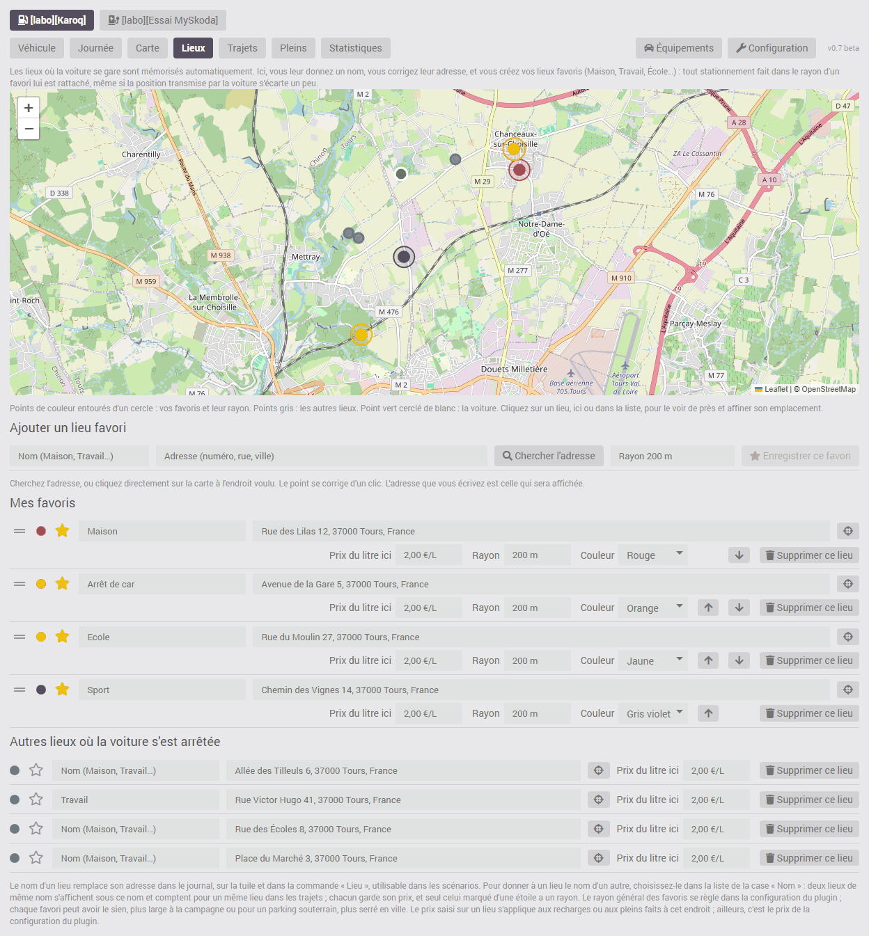Onglet Lieux : carte des favoris avec leur rayon, ajout d'un favori et liste des lieux