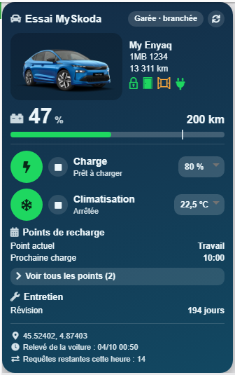 Tuile personnalisée d'un véhicule électrique (valeurs d'exemple)