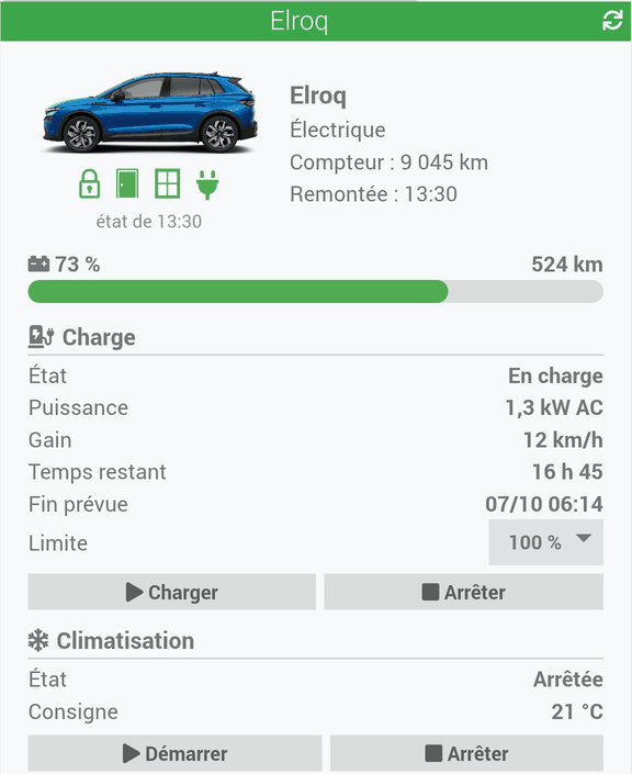 Tuile d'un Elroq pendant une recharge, sur téléphone : puissance, gain, temps restant, fin prévue (capture d'un testeur)